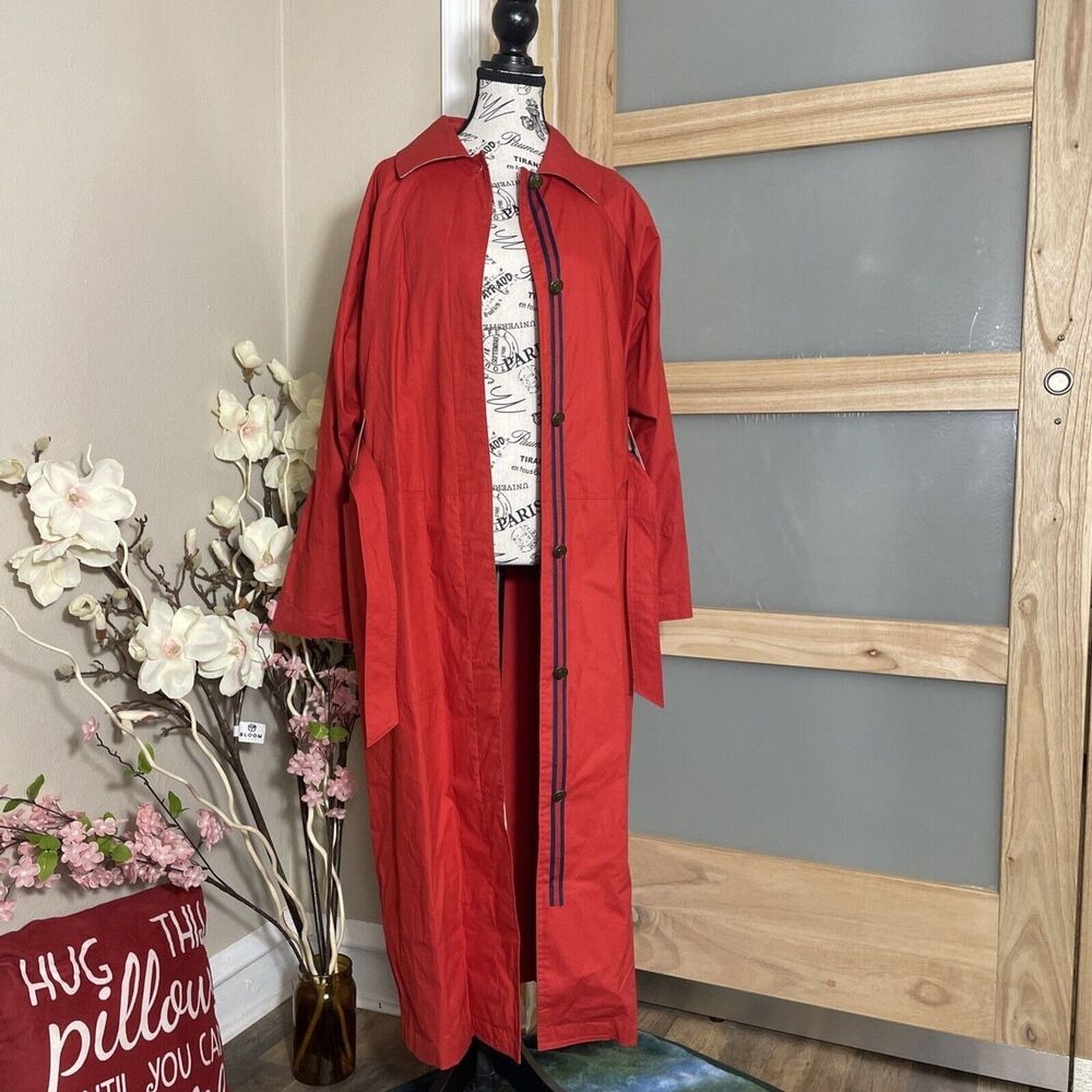 Fox Run Red Long Duster Jacket Women Artsy Minimalist Button Front Cotton Coat